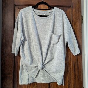 Waffle Knit Tie-Front Pullover Sweatshirt - Gray